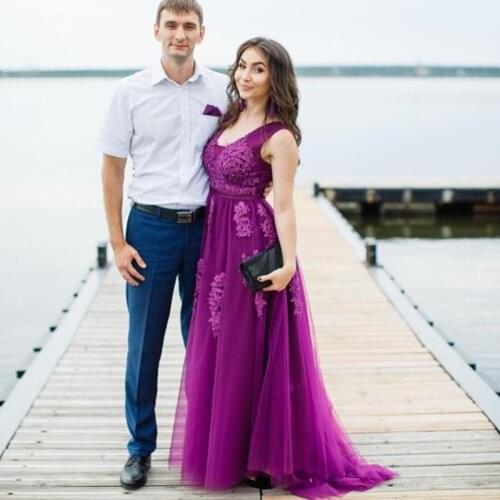 Long Prom Dress V-neck Sleeveless Appliques Beading Dark Purple Tulle Backless Prom Gowns Special Occasion Wedding Dinner Dress