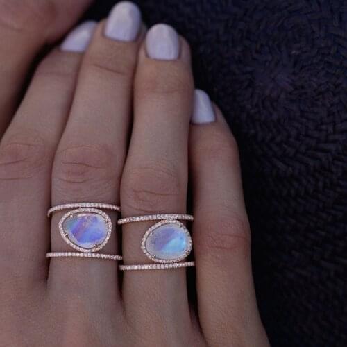 Irregular Natural Moonstone Rings for Women Double Layer Zircon Closed Ring Rose Gold Elegant Jewelry Rings Gift Size 5 to 10