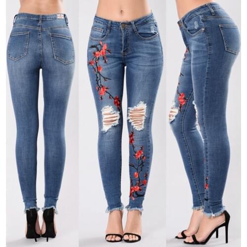 Stretch Embroidered Jeans For Women Elastic Flower Hole Jeans Female Pencil Denim Pants Plum Pattern Pantalon Femme CFYH