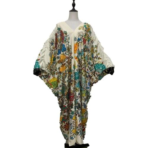 Европейская одежда 2021 Elegant V-Neck Batwing Sleeve Muslim Women Kaftan Maxi Dress Traditional Bohemian Floral Loose Caftan