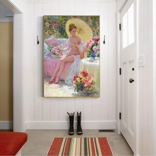 Holover Canvas Oil painting Konstantin Razumov"Nude lady holding umbrella"Realism Aesthetic Poster Wall Art Home Decoration