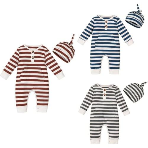 Newborn Baby Girls Boys Romper Hats 2pcs Striped Print Long Sleeve Pocket Button Jumpsuits 2pcs