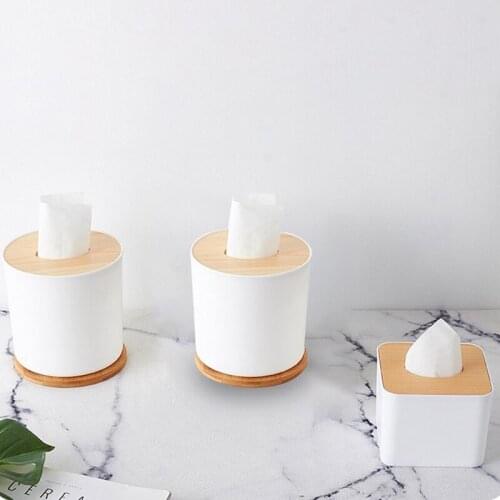 Round Tissue Box Home Square Tissues Container Roll Paper Towel Napkin Holder Case Plastic Body Wooden Cover Office Supplies