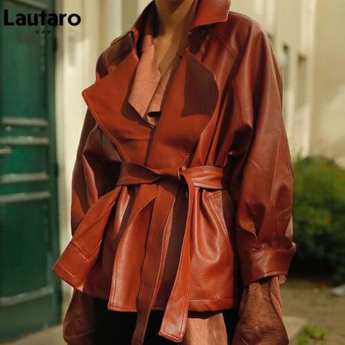 Lautaro Spring Black Regular Oversized Faux Leather Jackets for Women 2021 Raglan Sleeve Sashes Lapel Brown Loose Korean Fashion