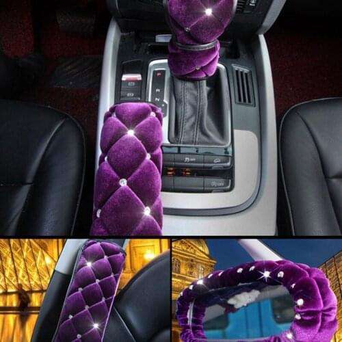 Fashion Car Plush Gear Shift Cover Diamond-studded Hairy Auto Handbrake Cover Shoulder Pad Rearview Mirror Case Armrest Pad