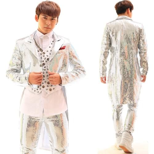 2019 Stage Costume Men Swallow Tail Suit Silver 4pcs Sets GoGo Dance Costumes Punk Clothing Nightclub Men Dj Costume BL2060