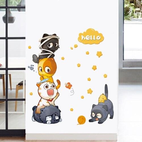 Cartoon Cat Wall Stickers Five Cute Cats DIY Wall Art Decals Decoration for Kids Rooms Boys Girls Children Bedroom Home Decor