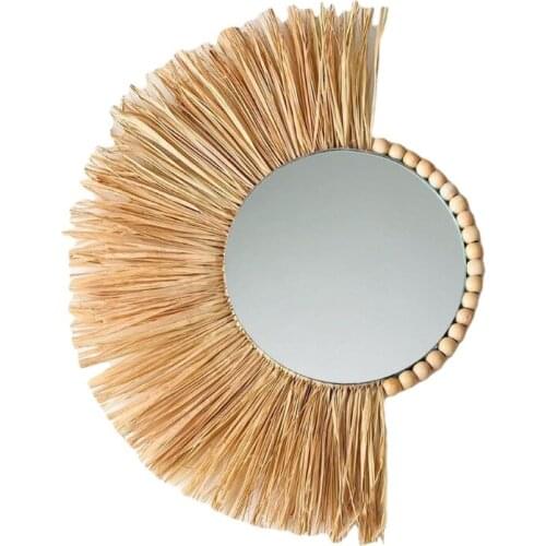 Wall Mirror Straw Woven Hanging Mirror Handmade Wall-Mounted Round Makeup Mirrors Bedroom Living Room Decoration