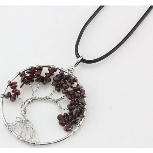 New Handmade Wire Wraped Copper Tree of Life Pendant Necklace with Rope Chain Dark Red Garnet Natural Stone Choker Women Jewelry