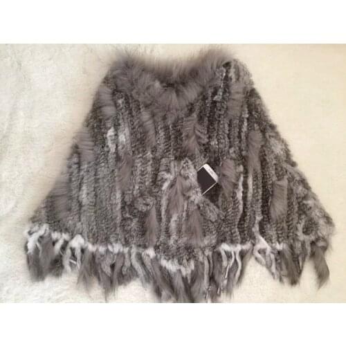 New genuine real natural knit rabbit fur shawl with raccoon fur collar women fashion knitted fur wrap with tassel