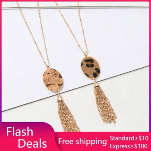 Big Leopard Print Oval Pendant Necklace Gold Links Tassels Long Chain wood grain Necklaces designer brand Jewelry