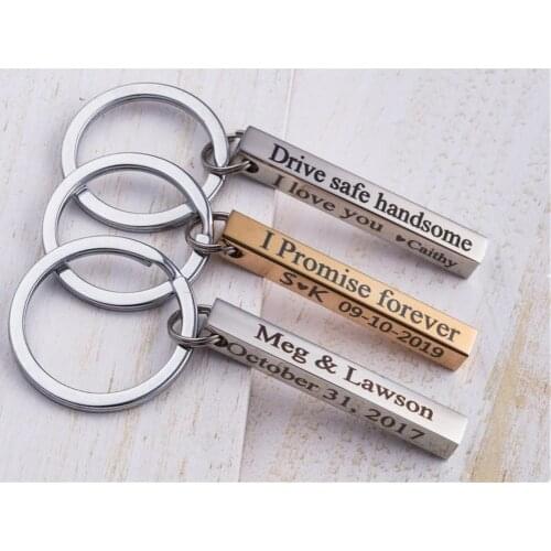 Custom Name Date Keychain Personalized Laser Engrave 4 Sides Stainless Steel Bar Keyring For Women Men Jewelry Gift