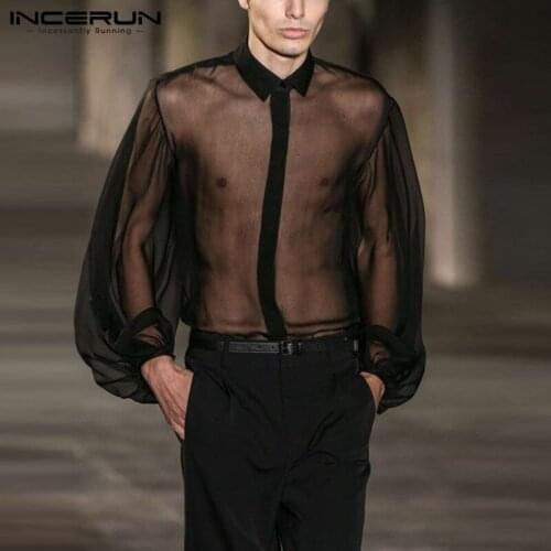 INCERUN Man Sexy Black Transparent Shirts Men Mesh Shirts Fashion Long Sleeve Lapel Camisa Solid Color See Through Chemise S-5XL