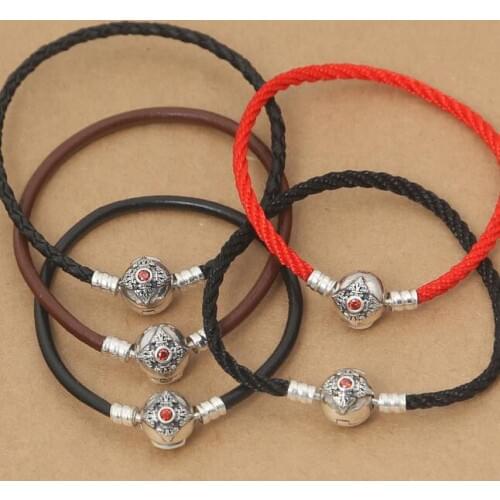 Handmade 925 Silver Tibetan Dorje Symbol Bracelets Real Sterling Buddhist Vajra Symbol Bracelet Six Words Proverb Beads Bracelet