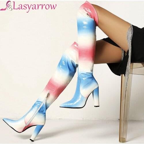 Lasyarrow Yellow Pink Blue Winter Women Knee High Boots Fashion Zipper Over The Knee Boots Ladies Thick High Heel Long Boots