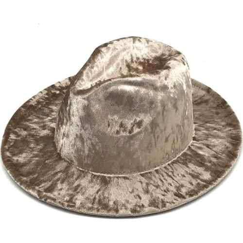 Pure color gold velvet velvet fedora hat with big brim jazz top hat ladies fashion casual big brim jazz hat church hat