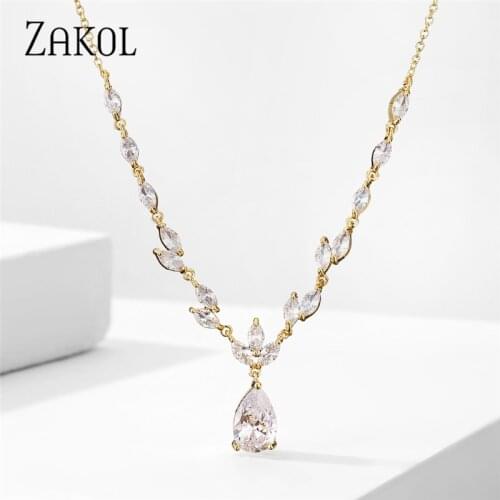 ZAKOL Classic Big Pear CZ Stone Necklace Wedding Neckalces for Women Delicate High Quality Zircon Lady Party Wear Jewelry