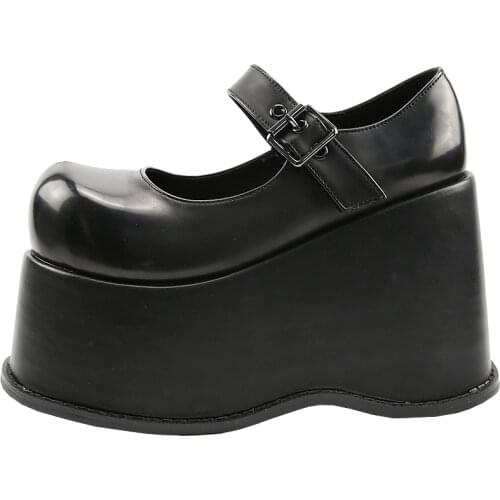 Women Lolita Belt Buckle Round Toe Gothic Punk Pumps Shoes Platform Wedge High 12CM Heel Creepers Japanese Harajuku Dark JK