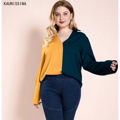 Womens Large Size V Neck Long Sleeve Shirt Plus Size Tops Patchwork Spring Tunic Tops Female Fashion Casual Autumn T-Shirts 4XL