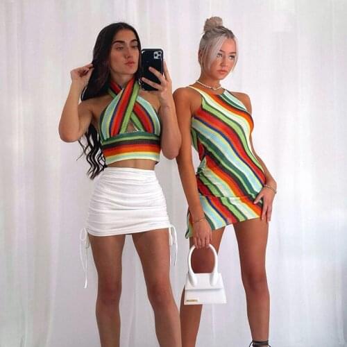 Womens summer new fashion slim sexy sleeveless round neck buttock color stripe dress