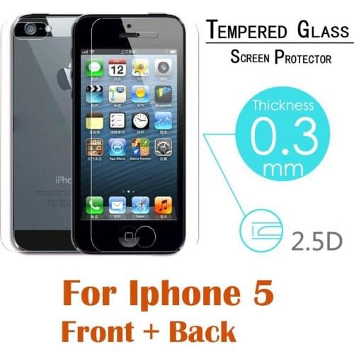 2 pcs/lot Front+Back Premium Tempered Glass for iPhone SE 5s 5c 5 Anti-scratch 2.5D Screen Protector Film for iPhone5 s