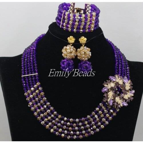 2015 New Nigerian Wedding Indian Bridal Necklace Set Purple/Champagne Gold African Crystal Bead Jewelry Set Free Shipping AMJ939