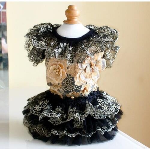 Free Shipping Classic Black Lace Partysu Gold Flowers Handmade Cute Dog Dress Pet Clothes Cat Evening Dress Tutu Yorkie Poodle