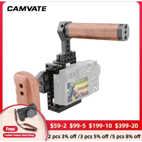 CAMVATE Camera Cage Rig With Wooden Left/Top Handle Grip & 1/4"-20 Threads For Canon A6500/A6000/A6300/ILCE-6000/ILCE-6300/NEX7