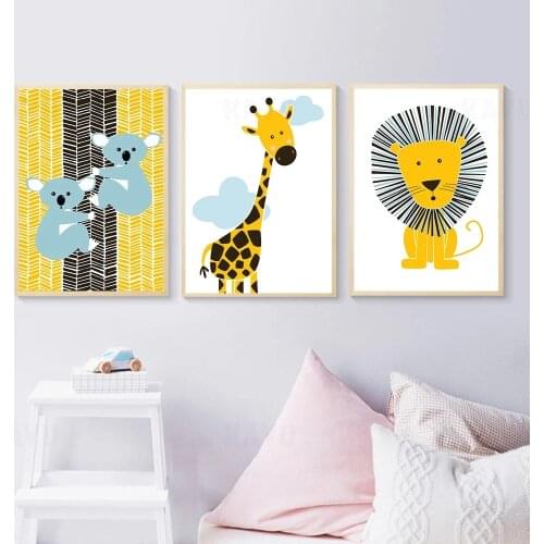 Yellow Lion Giraffe Canvas Painting Woodland Animal Prints Nursery Wall Art Poster Nordic Wall Pictures For Kids Baby Room Decor