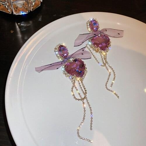 Korean Luxurious Crystal Love Heart Drop Earrings for Women Fashion Chain Rhinestone Tassel Pendientes Bow Jewelry Gifts