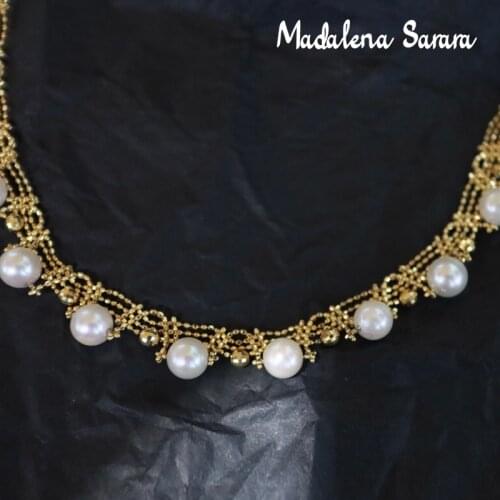 MADALENA SARARA Real 18k Gold Hand Braid Women Necklace Ripple Lace Edge Style Wide 5-6mm Freshwater Pearl Au750 Chain Necklace