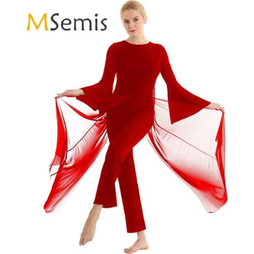 MSemis Women Dance Leotard Jumpsuit Long Flare Sleeves Mesh Overlay Culottes Lyrical Contemporary Competition Dance Costumes