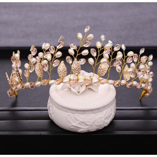 New Wedding Hair Accessories Flower Leaves Pearl Crystal Headband Princess Crown Bridal Tiara Gold Tiara Handmade Accessories