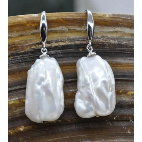 Natural Rare white 13*20mm Baroque biwa freshwater pearl earring