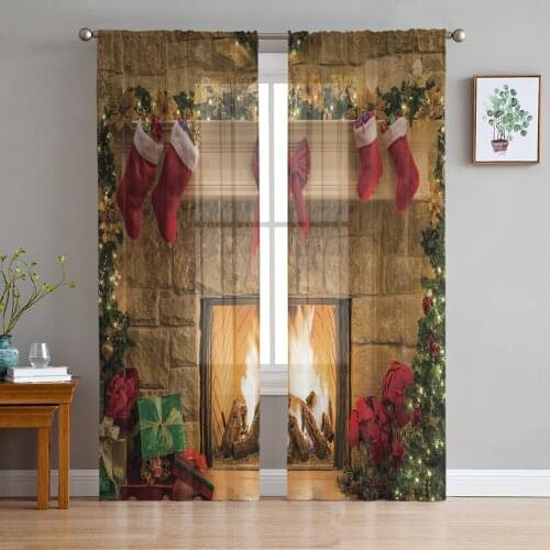 Christmas Fireplace Christmas Socks Tulle Curtains for Living Room Decoration Modern Chiffon Sheer Voile christmas curtains