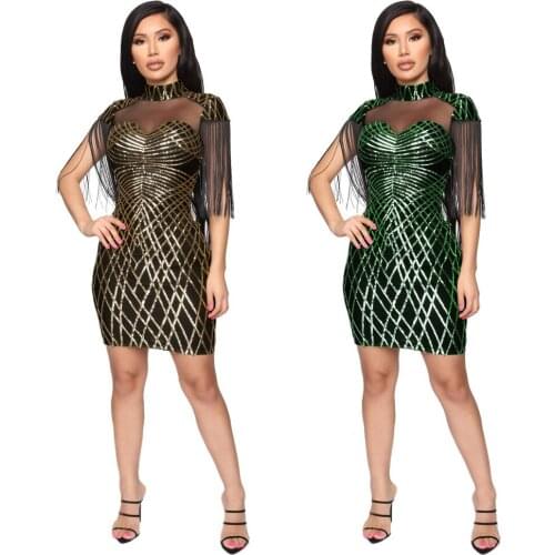 Sexy See-through Stand Neck Tassels Sequined Slim Dress Fall 2020 Elegant Women Plus Size Party Club Woman Dresses Ladies Ddlg