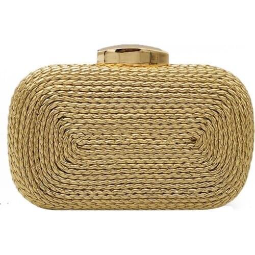 Straw Clutches Gold Evening Bag Woven Knited PU Metal Clutch Bag Hard Case Ladies Chain Shoulder Handbag