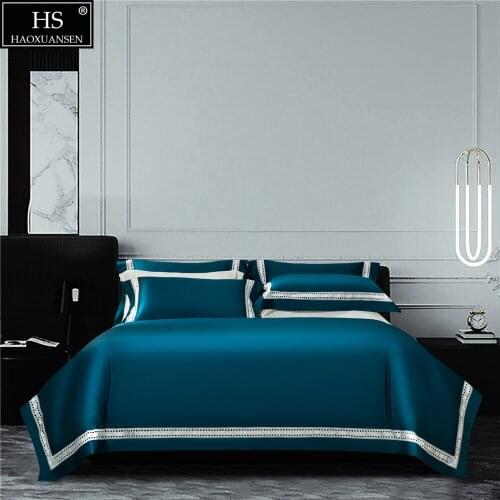 Navy Blue Water soluble lace Design Pure Cotton Fabric 4 Pieces Bedding Sets Nordic Style Duvet Cover Pillowcase Bed Sheet