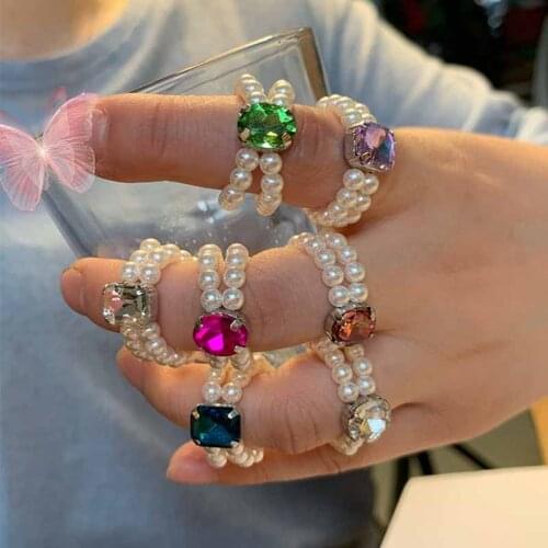 Vintage Colorful Shiny Crystal Pearl Ring Women Girls Fashion Charm Creative Elegant Hand Woven Geometric Rings Jewelry Gifts