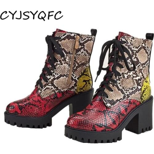 CYJSYQFC Brand Design Snake Vein Skidproof Sole Platform Women Ankle Boots Fall Winter Round Toe Lace Up Thick Bottom Lady Shoes