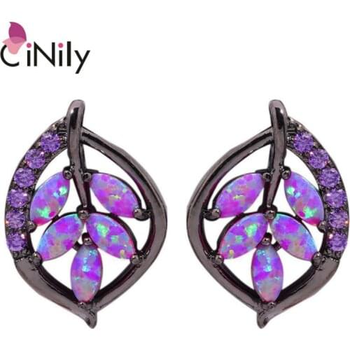 CiNily Fire Opal Stud Earrings Black Gold Color Purple Zirconia Crystal Stone Leaves Leaf Natural Spring Jewelry Women Girls