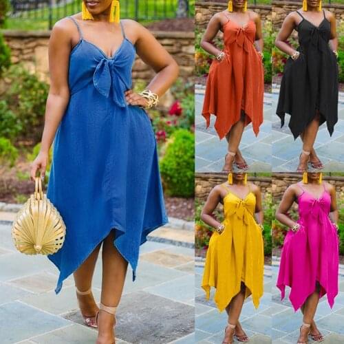 Summer Women Sexy Sleeveless Solid Color V-neck Irregular Hem Spaghetti Strap Dress