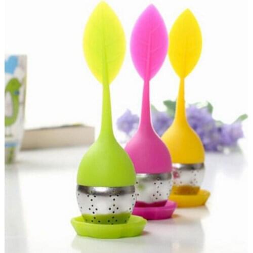 100pcs Fashion Silicone Leaf Shaped Tea Infuser Stainless Steel Tea Strainers Bag Filter With Drip Tray LX7981