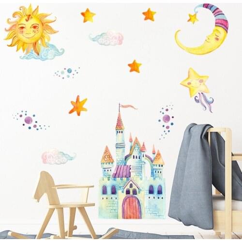 Watercolor Cartoon Wall Stickers Sun Moon Castle Kindergarten Kids Home Bedroom Scene Layout Decoration Wall Vinyl Decal
