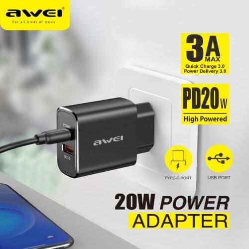 AWEI PD7 20W PD Fast Charger Type-C and USB UK EU Adapter Quick Charge 3.0 Fast Charging Portable Metal Phone Charger
