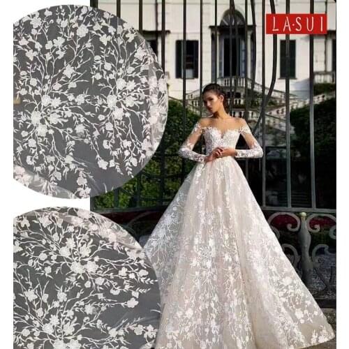 Off white wedding dress lace embroidery handmade DIY fabric fashion clothing decorative materials X0211