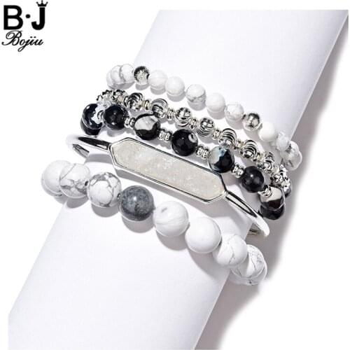 BOJIU Womens Statement Bracelets Set Natural Stone Howlite Agates Faceted Crystal Beaded Bracelet Druzy Cuff Bangles BCSET313