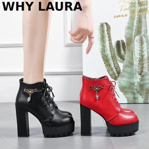 Platform heels boots womens ankle boots womens high heels sexy motorcycle boots platform shoes lace-up fashion boots