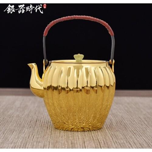 Ag999 Sterling Silver Teapot Golden Planted Kitchen Utensils Handmade Coffee Tea Pot