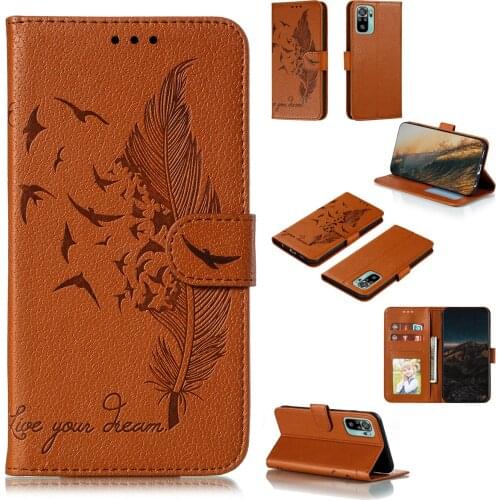 Feather Embossed Lychee Pu Leather Phone Case for Xiaomi Redmi Note 10 4G Card Slot Wallet Photo Frame Kickstand Back Cover